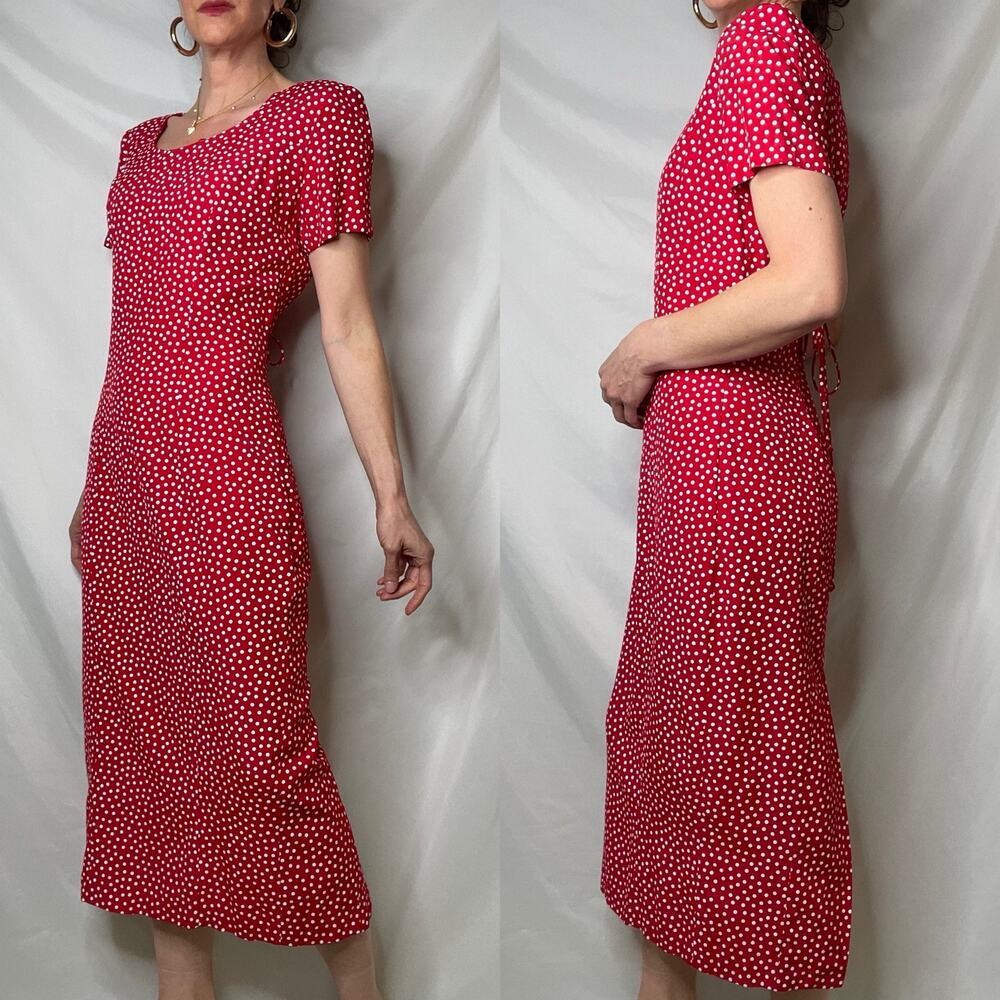 SOLD Vintage 90s red polka dot print midi maxi dress corset tie back Paris chic - Picture 12 of 16